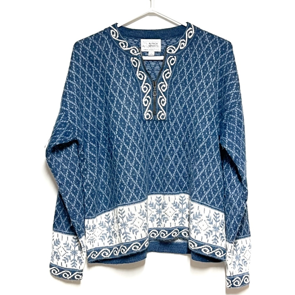 Alpaca Imports Blue/White Nordic Quarter Zip Hand Knit Peruvian Sweater Womens L